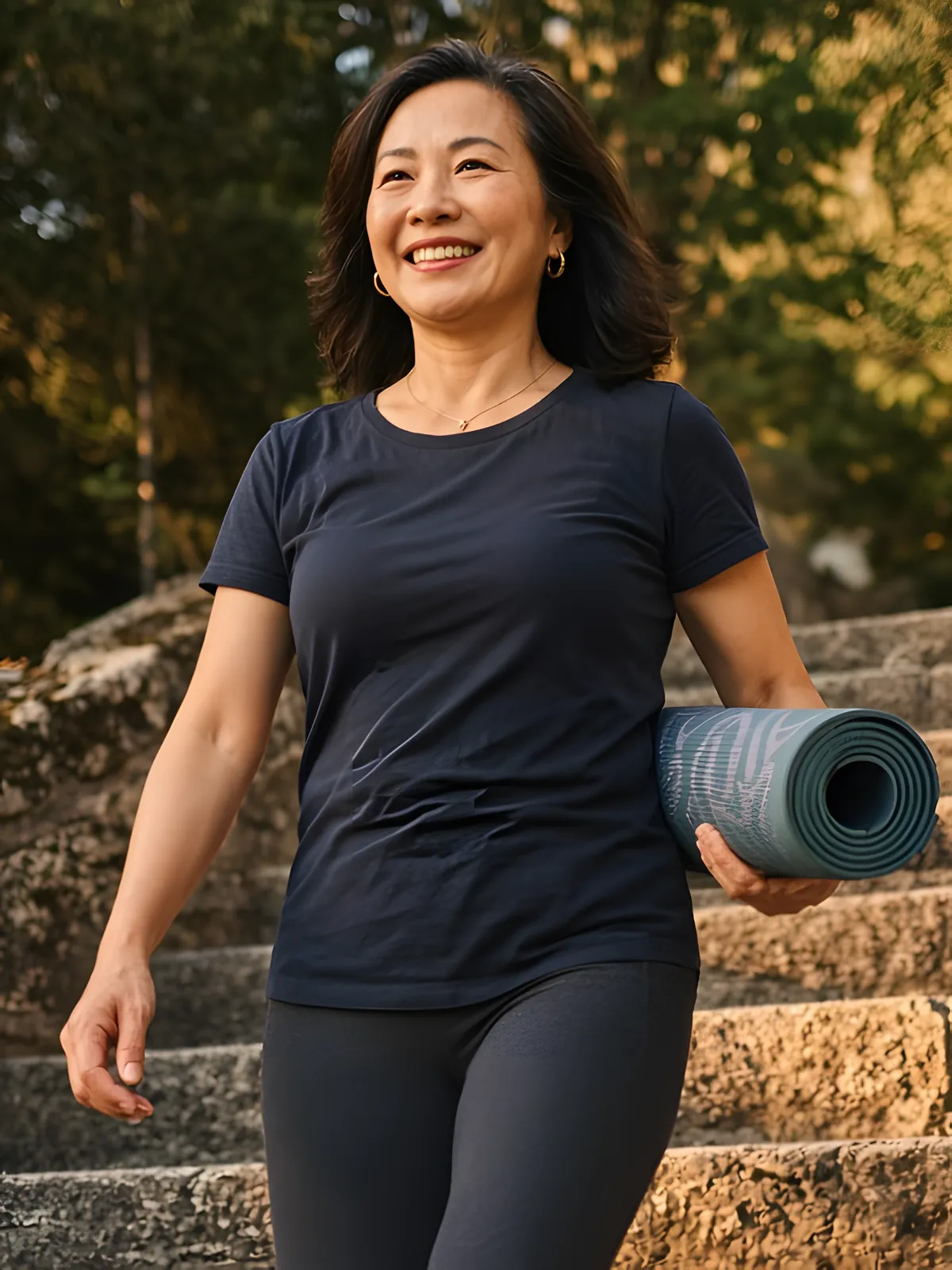 Woman carrying a yoga mat up park steps, Bone Health DNA report