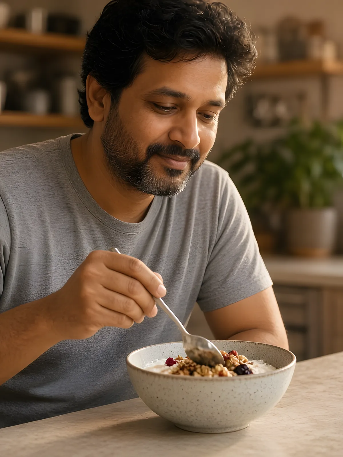Man eating a yogurt and granola bowl, Gastro Health DNA report