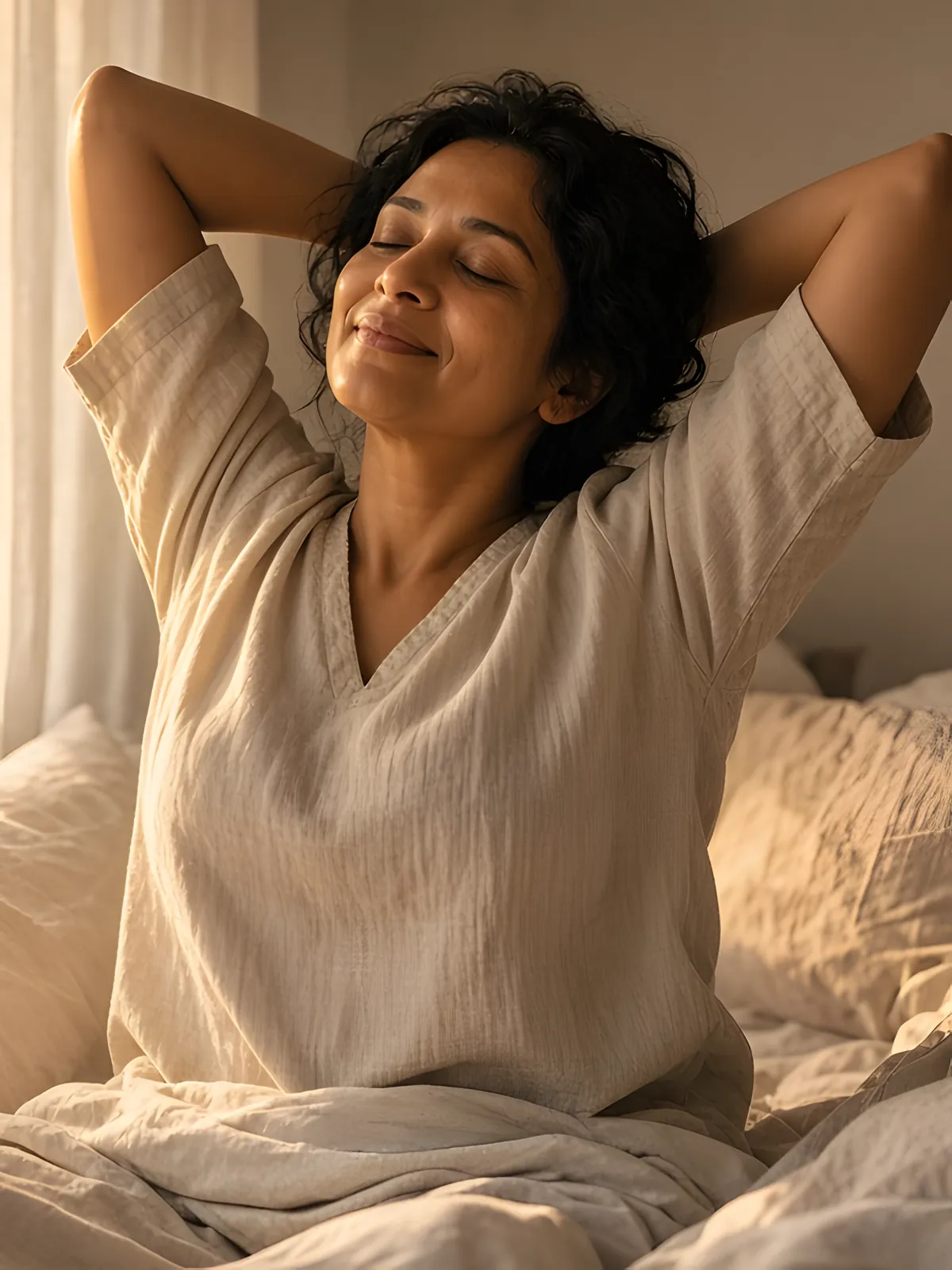 Woman stretching awake in morning light, Sleep Cycle DNA report